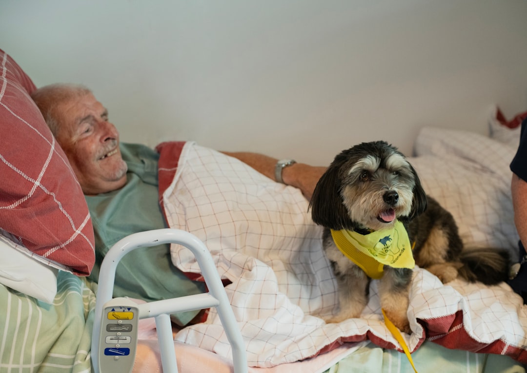 corporate therapy dog — Elderly man and dog in bed